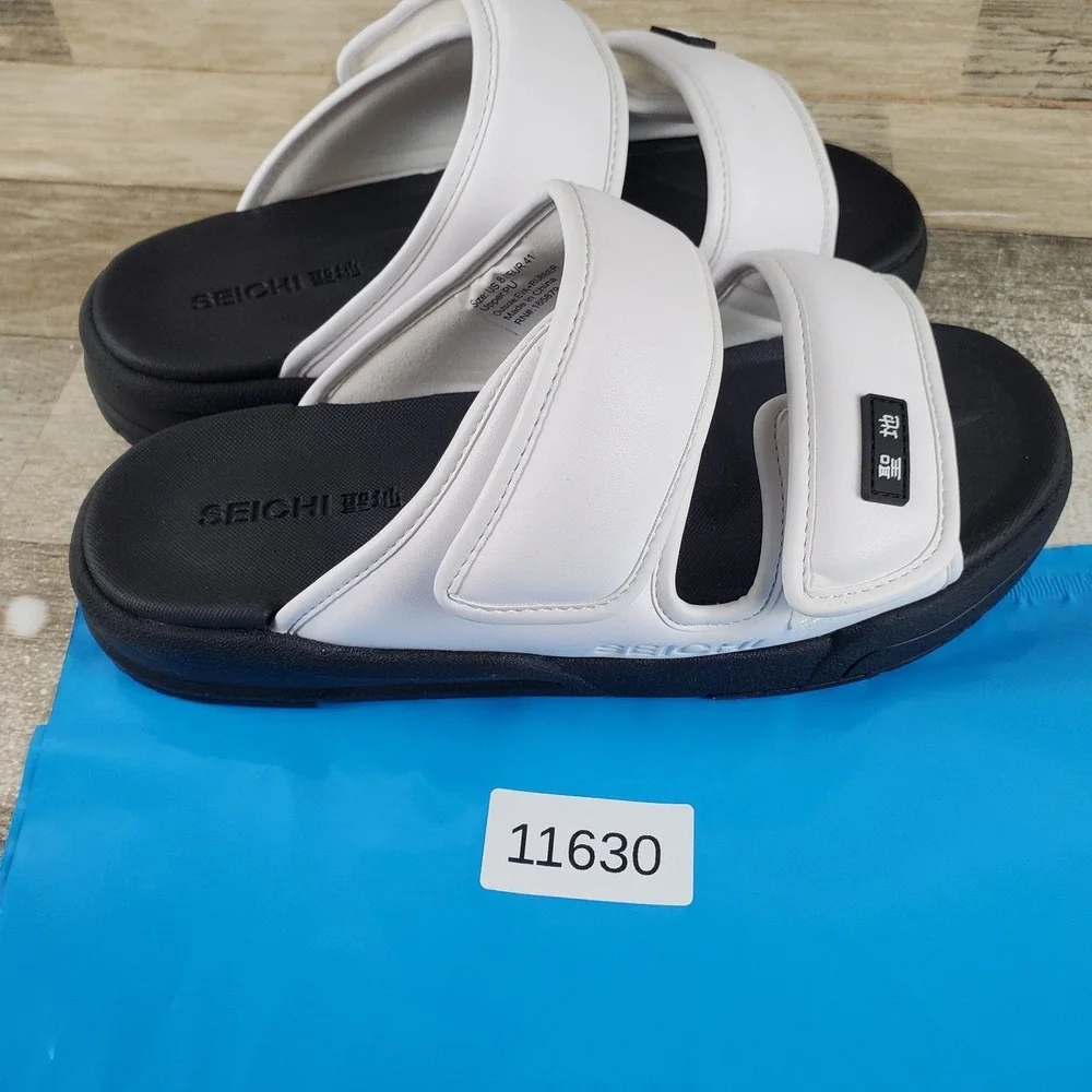Seichi‎ Senko Mens Slide Sandals Sz 8 White Leather Double Strap Hook & Loop